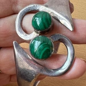 VINTAGE TAXCO MEXICO GREEN MALACHITE CUFF BANGLE BRACELET STERLING SILVER 61GR